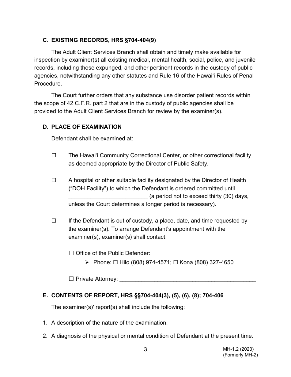 Form MH-1.2 (3C-P-506) Order Suspending Proceedings for Examination of Defendant as to Fitness to Proceed Pursuant to Hrs Chapter 704 and Order for Transport - Hawaii, Page 3