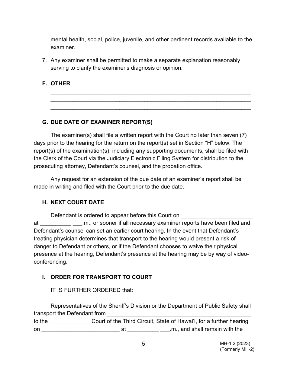 Form MH-1.2 (3C-P-506) Order Suspending Proceedings for Examination of Defendant as to Fitness to Proceed Pursuant to Hrs Chapter 704 and Order for Transport - Hawaii, Page 5