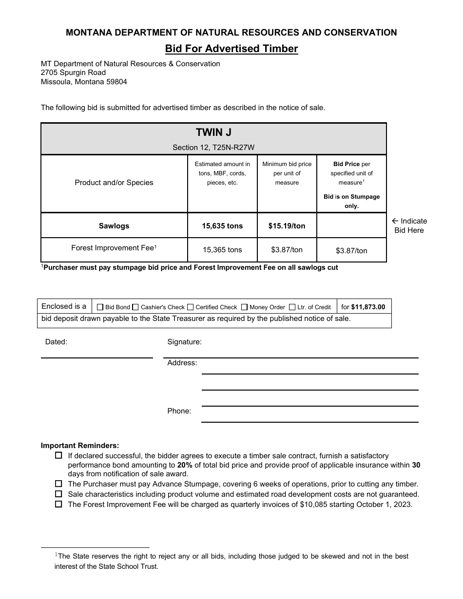 Bid for Advertised Timber - Twin J - Montana, Page 1