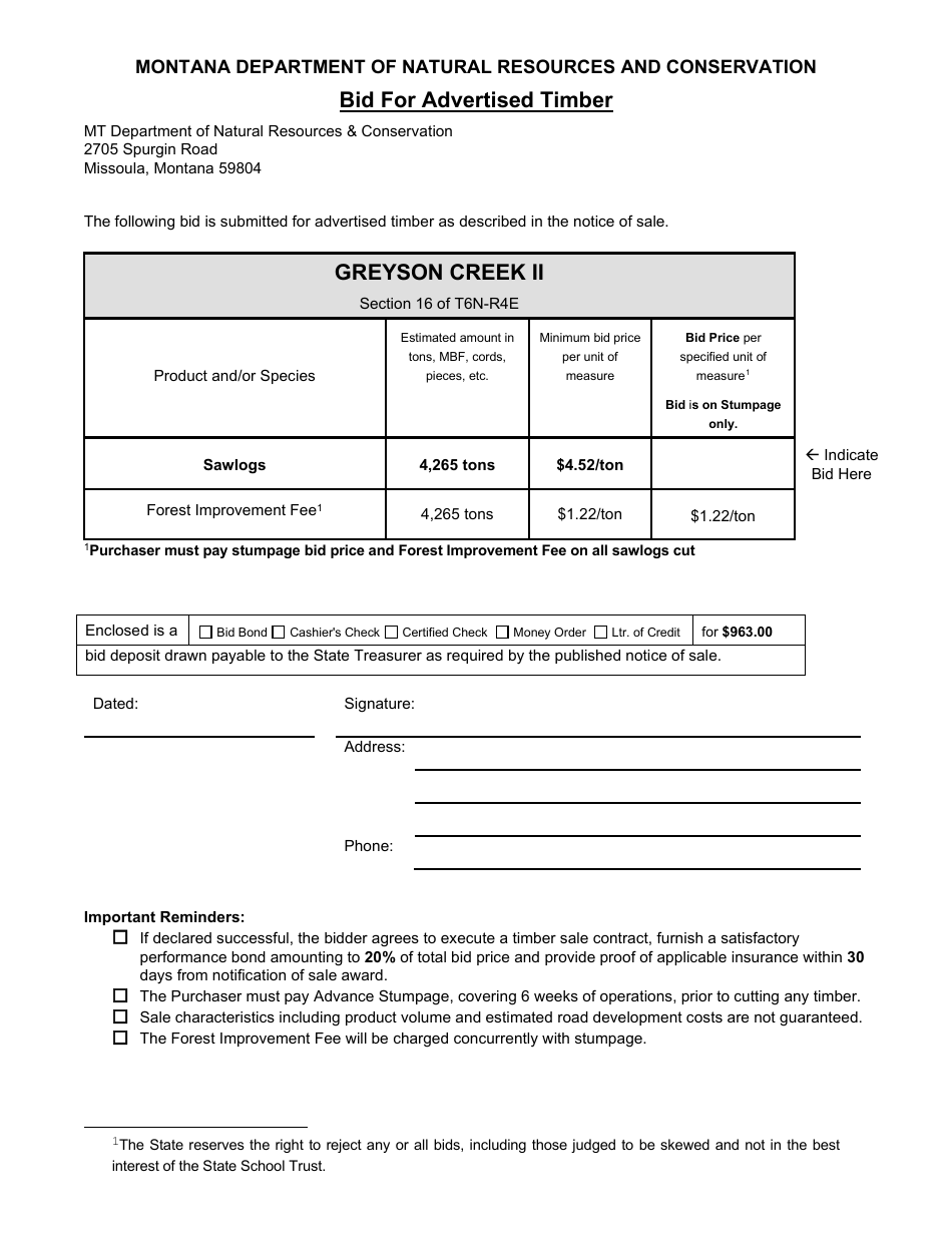 Bid for Advertised Timber - Greyson Creek Ii - Montana, Page 1