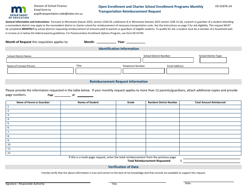 Form ED-01876-24 Open Enrollment and Charter School Enrollment Programs Monthly Transportation Reimbursement Request - Minnesota, 2024