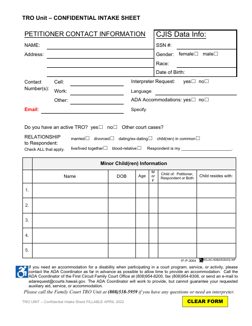 Form 1F-P-3054 Tro Unit - Confidential Intake Sheet - Hawaii