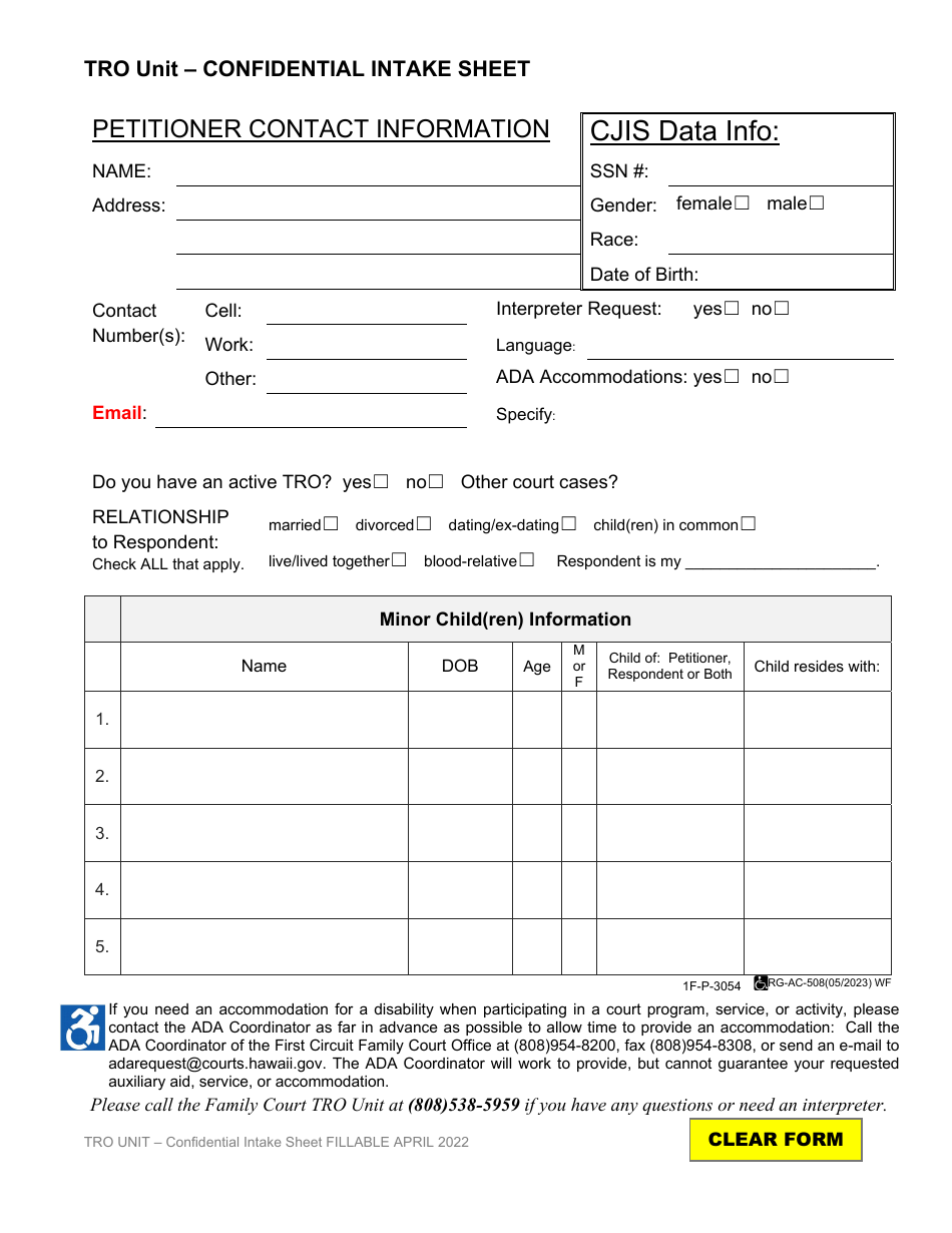 Form 1F-P-3054 Tro Unit - Confidential Intake Sheet - Hawaii, Page 1