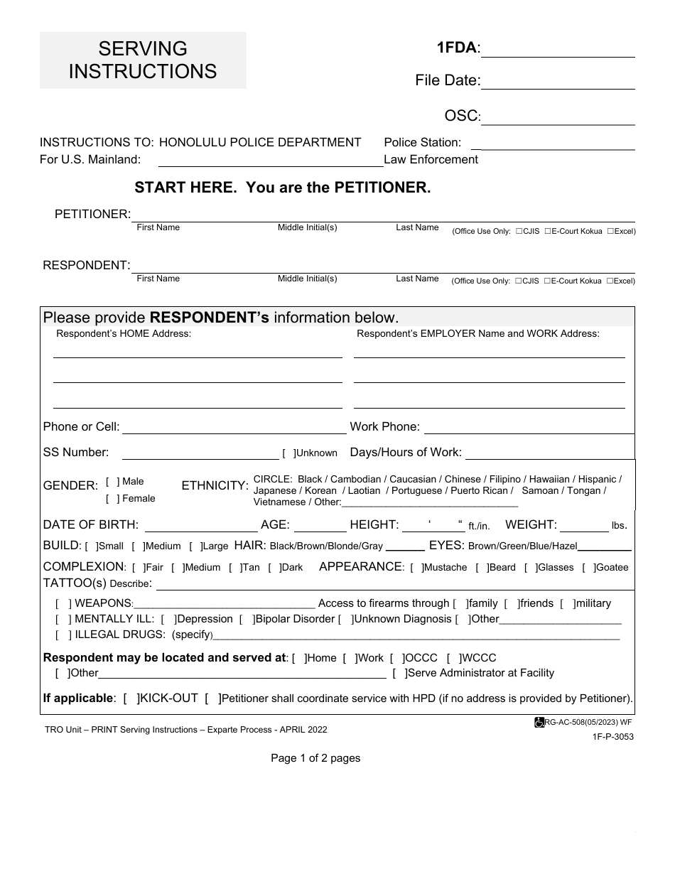 Form 1F-P-3053 Serving Instructions - Hawaii, Page 1