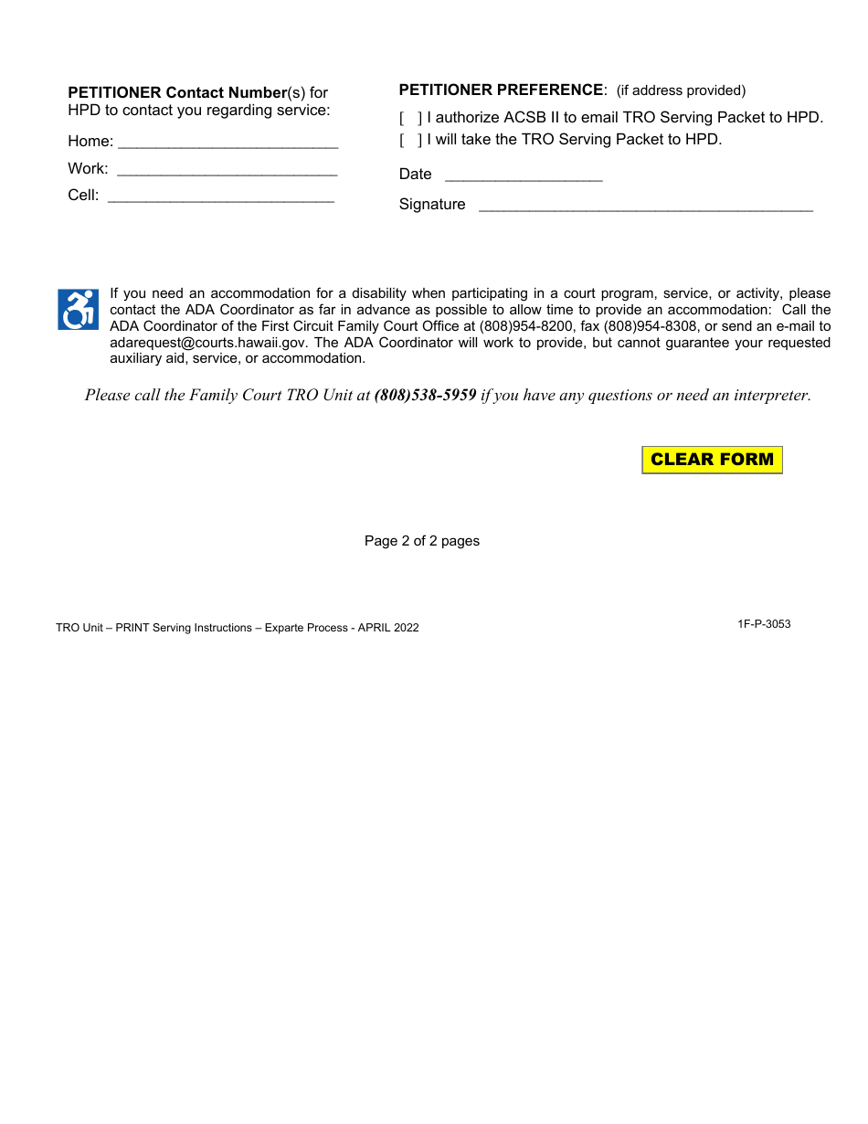 Form 1F-P-3053 Serving Instructions - Hawaii, Page 2