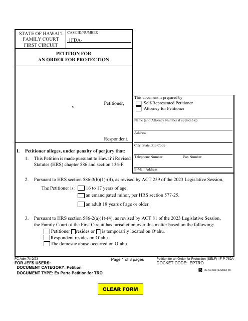 Form 1F-P-752A Petition for an Order for Protection - Hawaii