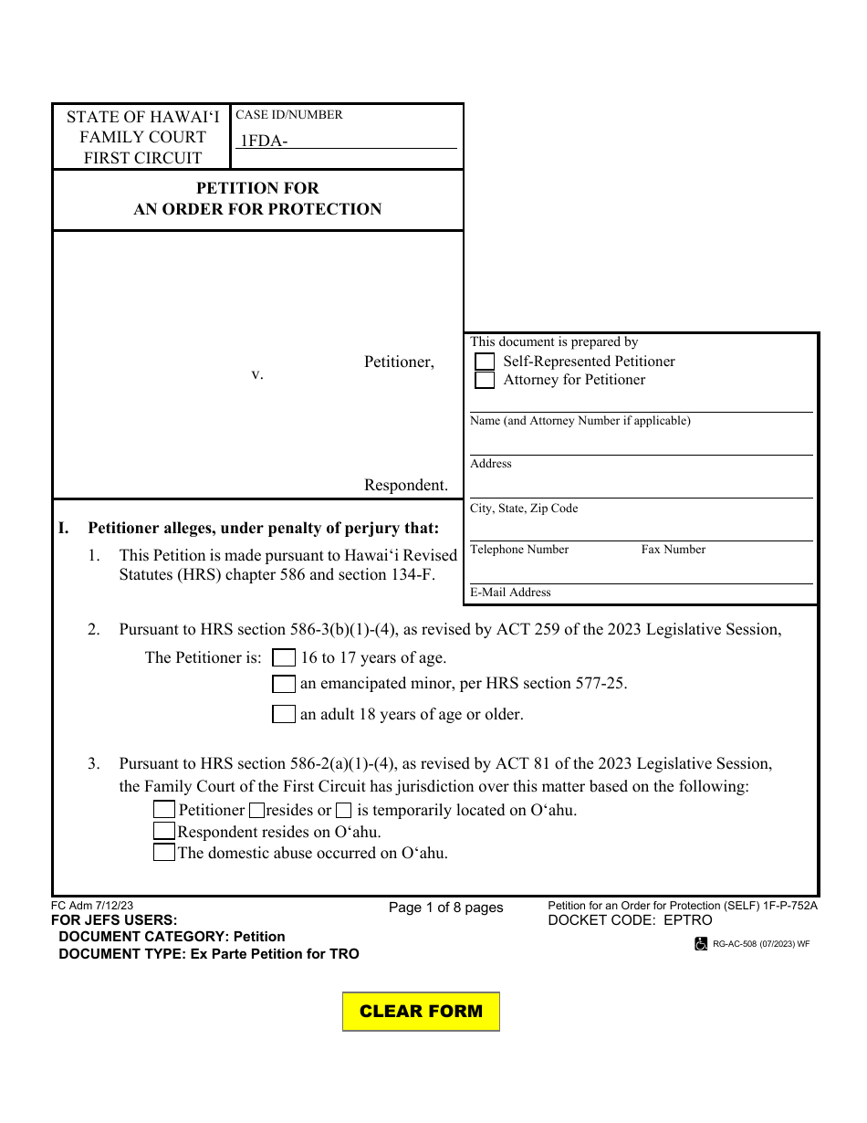 Form 1F-P-752A Petition for an Order for Protection - Hawaii, Page 1