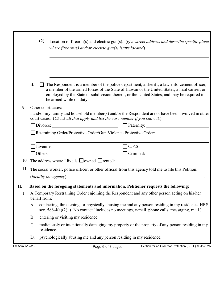 Form 1F-P-752A Petition for an Order for Protection - Hawaii, Page 6