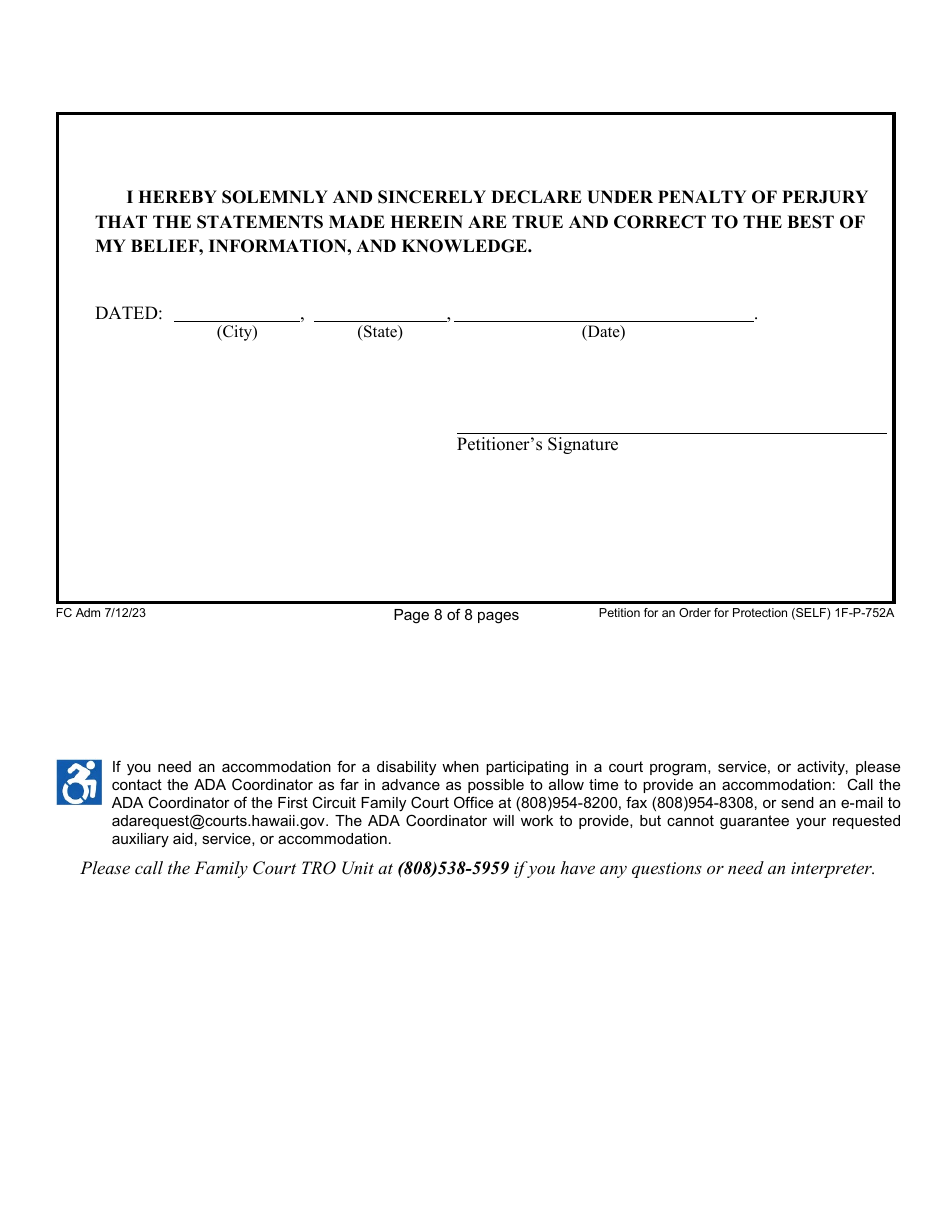 Form 1F-P-752A Petition for an Order for Protection - Hawaii, Page 8