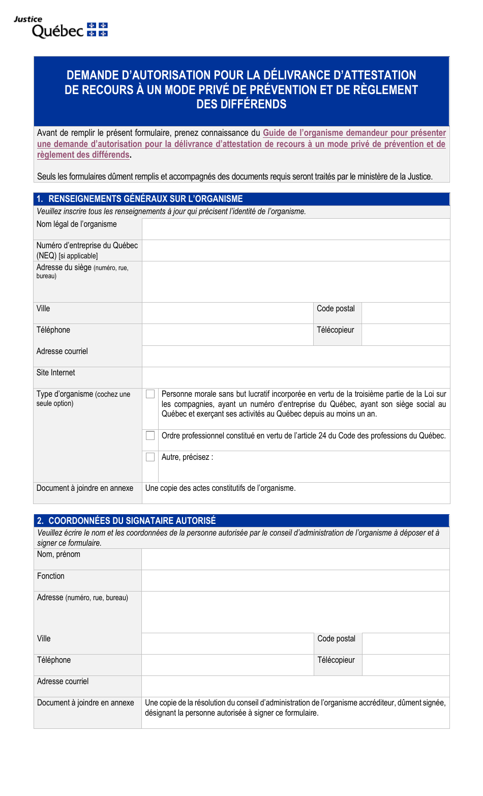 Demande Dautorisation Pour La Delivrance Dattestation De Recours a Un Mode Prive De Prevention Et De Reglement DES Differends - Quebec, Canada (French), Page 1