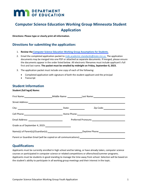 Computer Science Education Working Group Minnesota Student Application - Minnesota Download Pdf