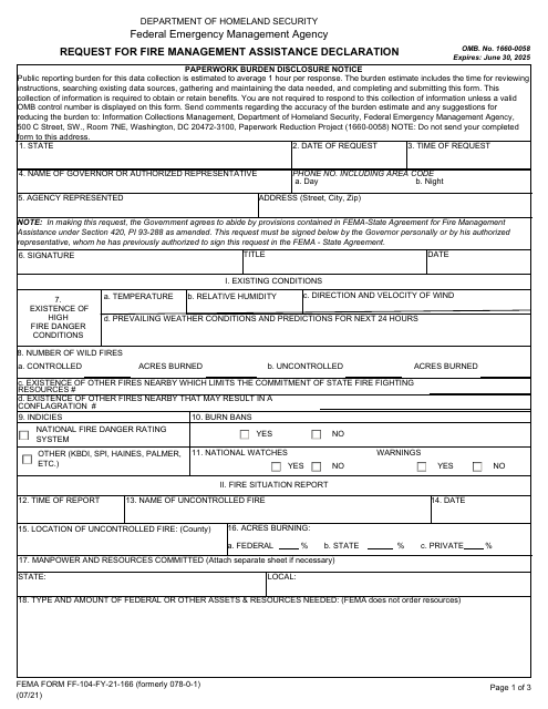 FEMA Form FF-104-FY-21-166  Printable Pdf
