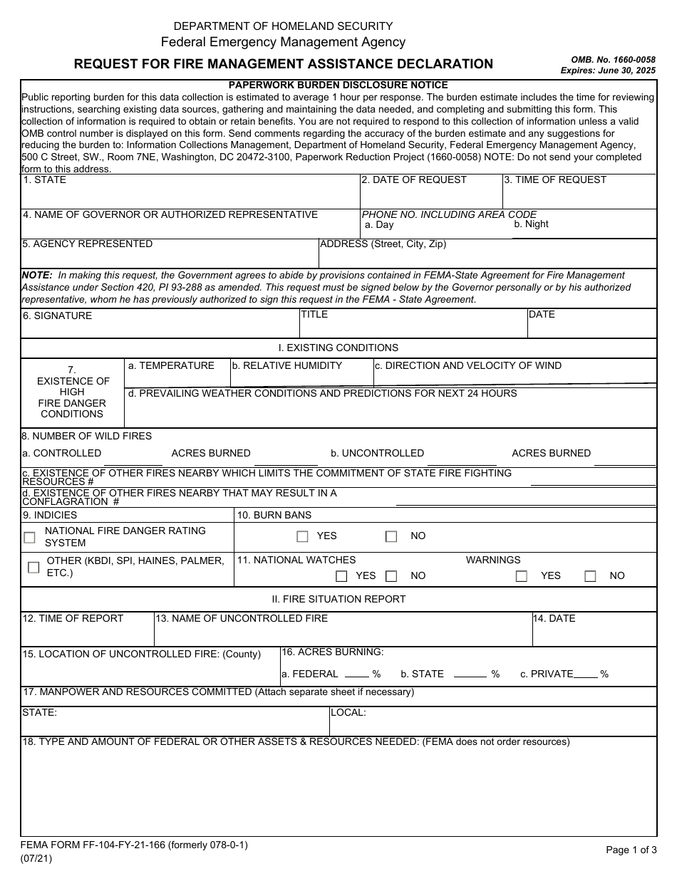 FEMA Form FF-104-FY-21-166 Request for Fire Management Assistance Declaration, Page 1