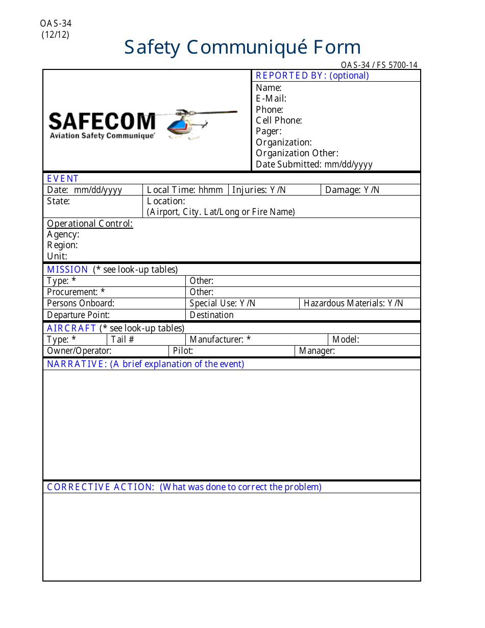 Form OAS-34 (FS5700-14) Safety Communique Form, Page 1