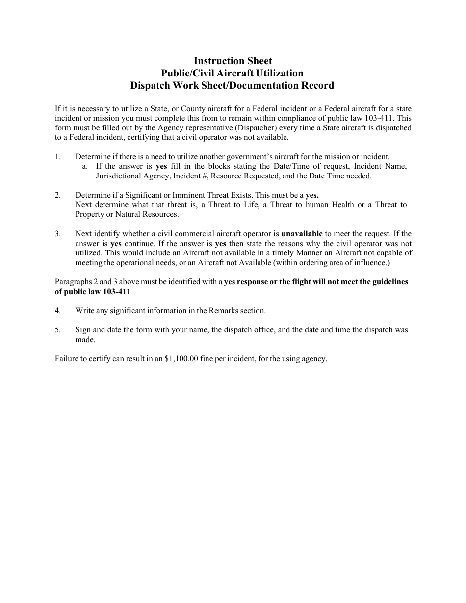 Public / Civil Aircraft Utilization Dispatch Work Sheet / Documentation Record - Montana, Page 1
