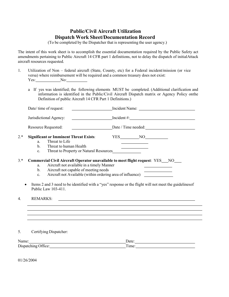 Public / Civil Aircraft Utilization Dispatch Work Sheet / Documentation Record - Montana, Page 2