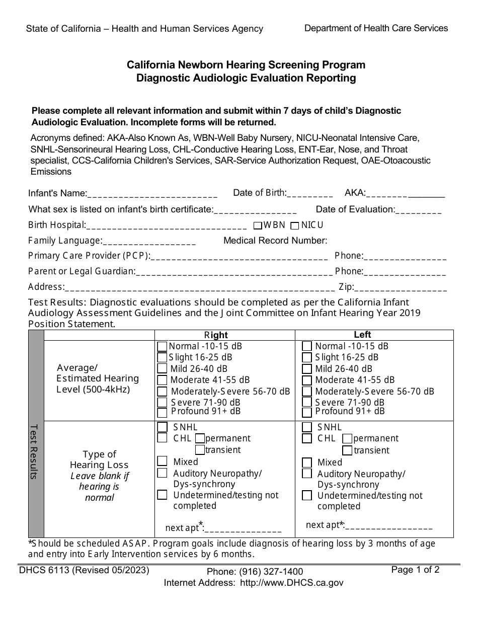 Form DHCS6113 (NSP300-1) Region A / B Diagnostic Audiologic Evaluation Reporting - California Newborn Hearing Screening Program - California, Page 1