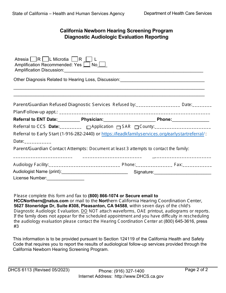 Form DHCS6113 (NSP300-1) Region A / B Diagnostic Audiologic Evaluation Reporting - California Newborn Hearing Screening Program - California, Page 2