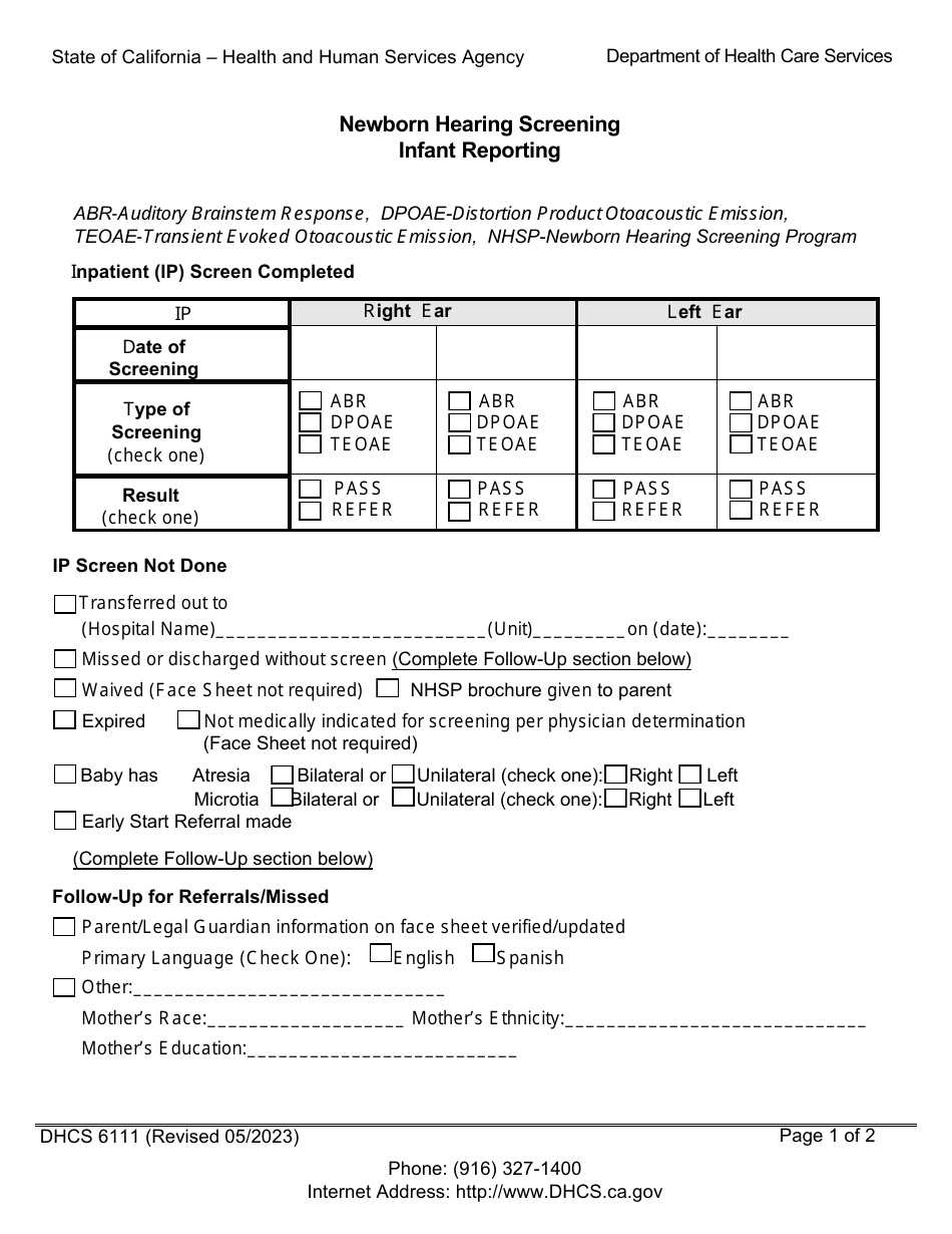 Form DHCS6111 (NSP100-1) Region A / B Newborn Hearing Screening Infant Reporting - California, Page 1