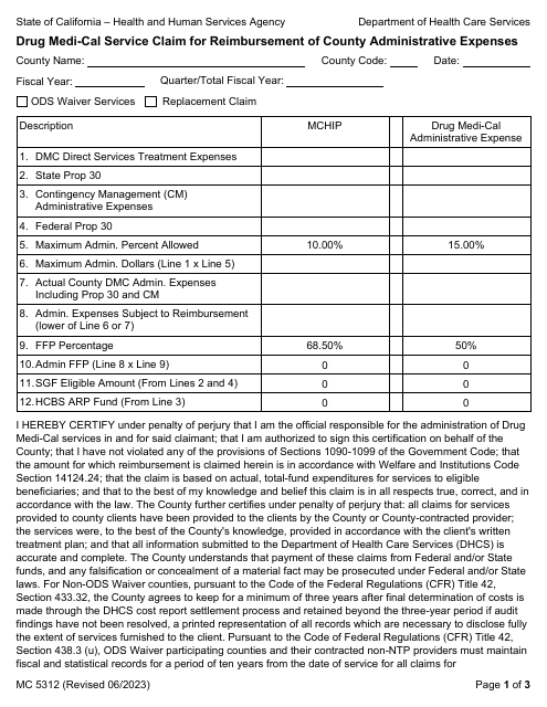 Form MC5312 Drug Medi-Cal Service Claim for Reimbursement of County Administrative Expenses - California