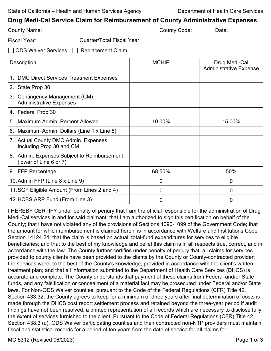 Form MC5312 Drug Medi-Cal Service Claim for Reimbursement of County Administrative Expenses - California, Page 1