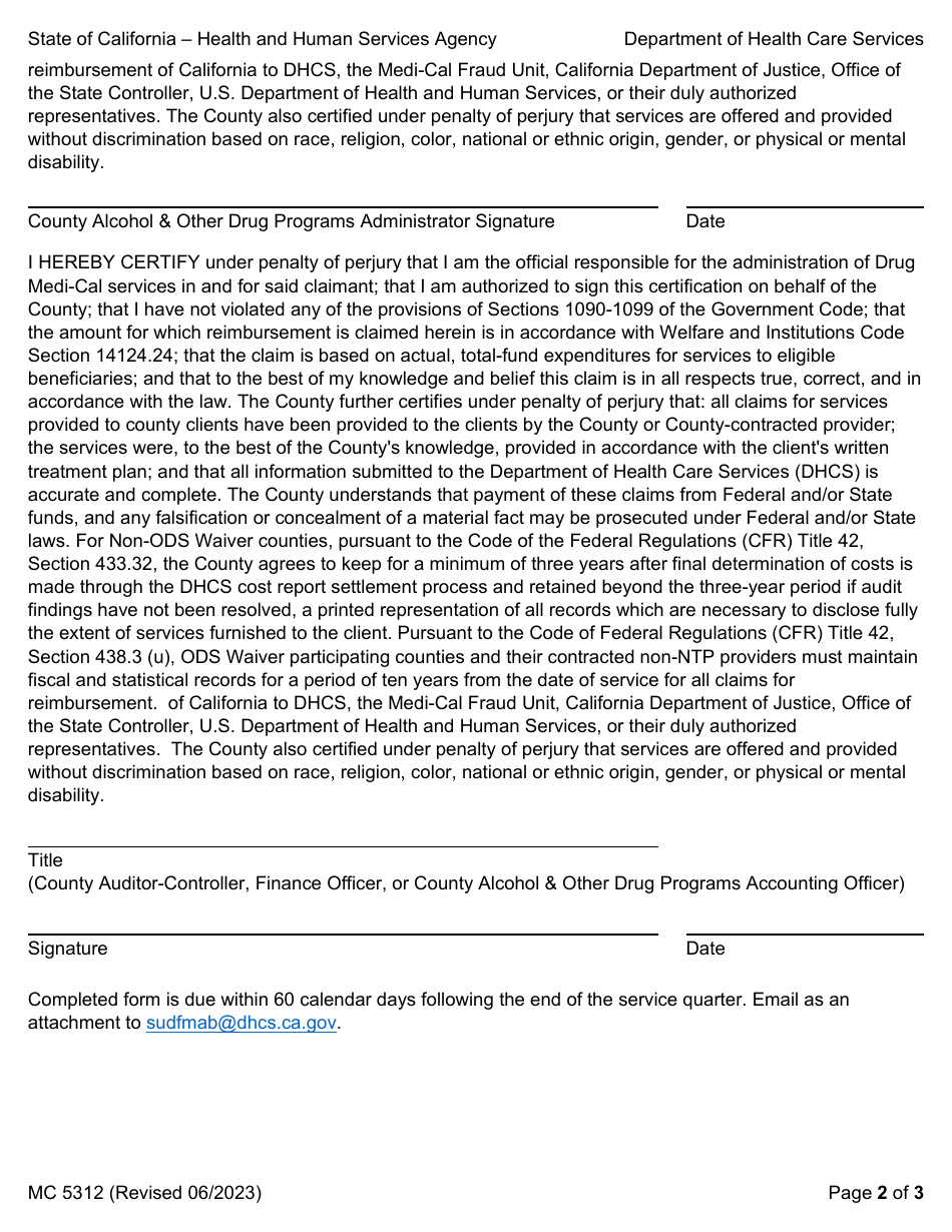 Form MC5312 Drug Medi-Cal Service Claim for Reimbursement of County Administrative Expenses - California, Page 2