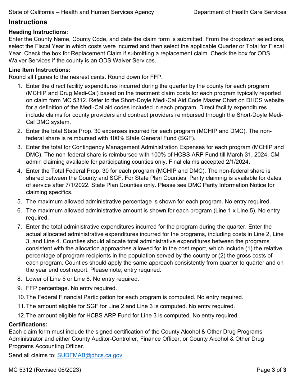 Form MC5312 Drug Medi-Cal Service Claim for Reimbursement of County Administrative Expenses - California, Page 3