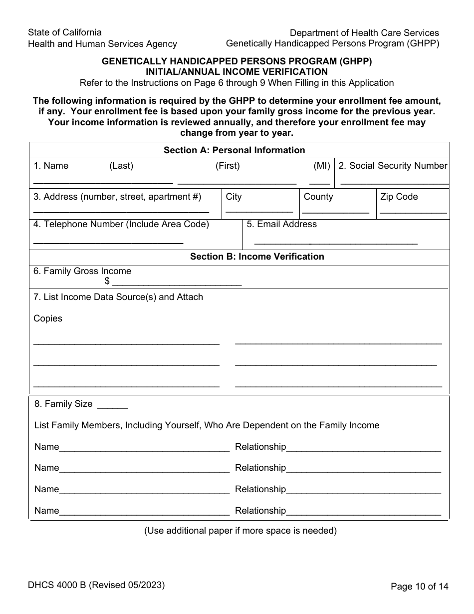 Form DHCS4000 A (DHCS4000 B) Application to Determine Eligibility and Initial / Annual Income Verification - Genetically Handicapped Persons Program (Ghpp) - California, Page 10