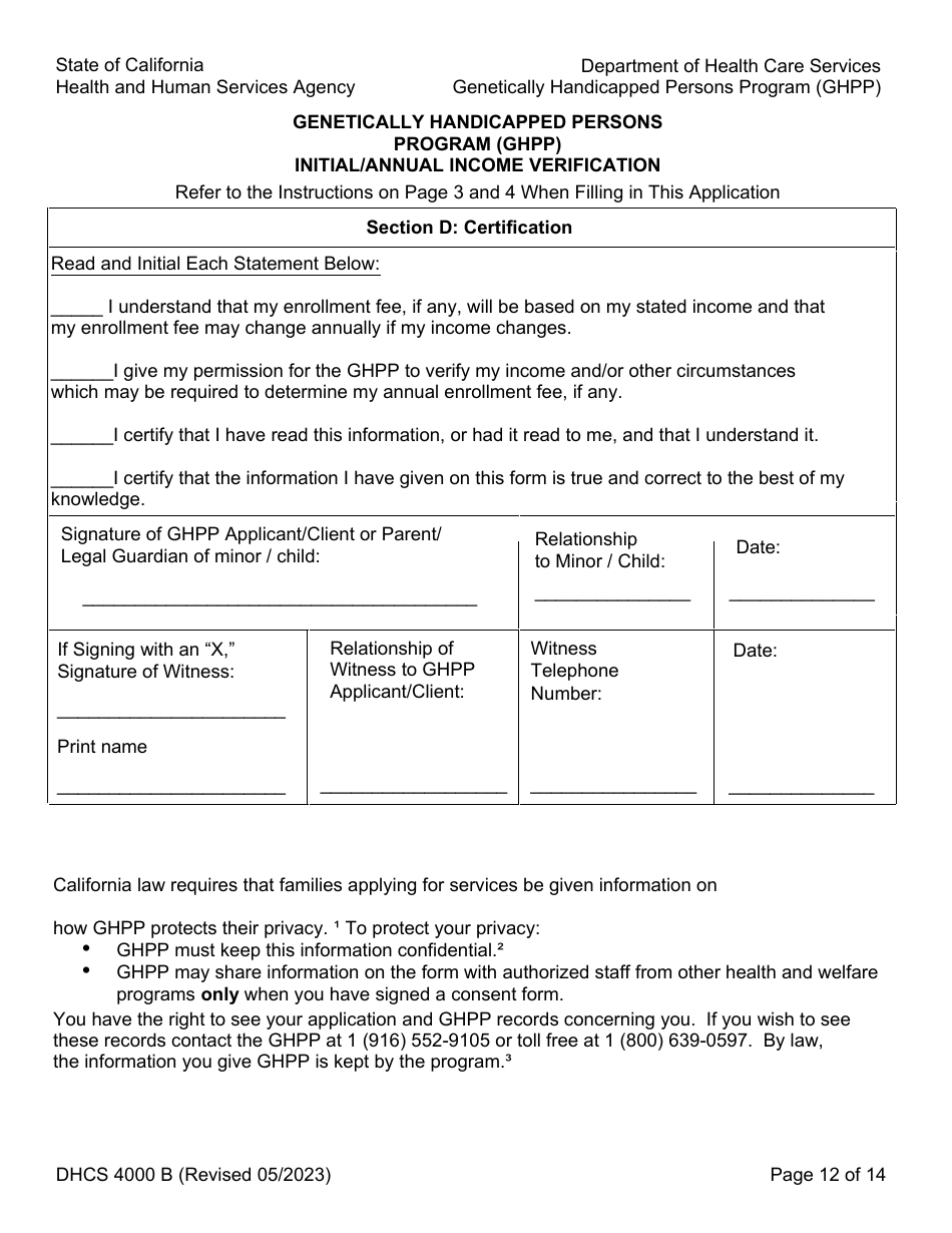 Form DHCS4000 A (DHCS4000 B) Application to Determine Eligibility and Initial / Annual Income Verification - Genetically Handicapped Persons Program (Ghpp) - California, Page 12