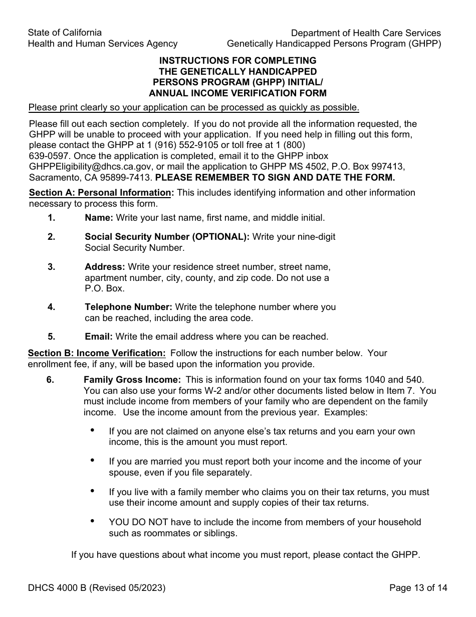 Form DHCS4000 A (DHCS4000 B) Application to Determine Eligibility and Initial / Annual Income Verification - Genetically Handicapped Persons Program (Ghpp) - California, Page 13