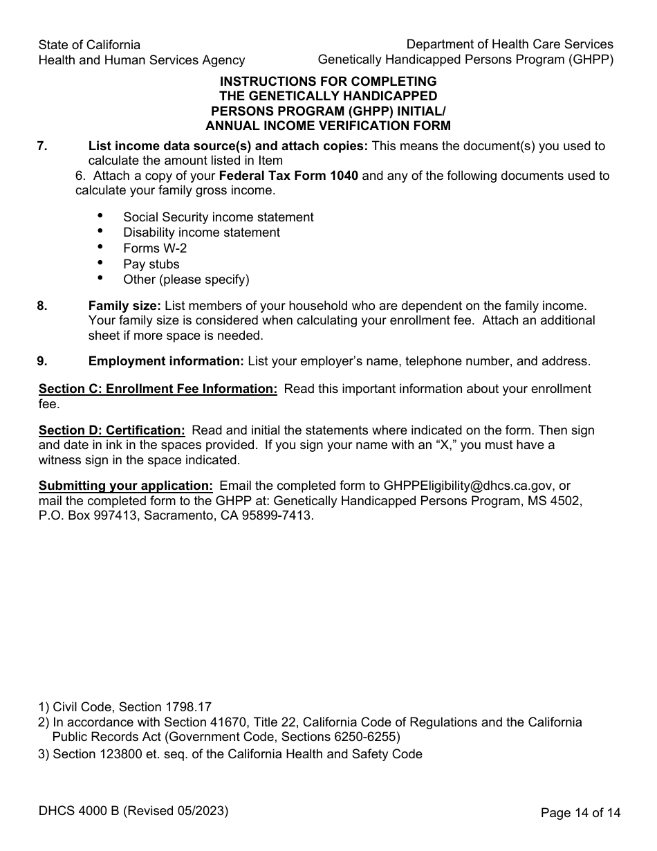 Form DHCS4000 A (DHCS4000 B) Application to Determine Eligibility and Initial / Annual Income Verification - Genetically Handicapped Persons Program (Ghpp) - California, Page 14