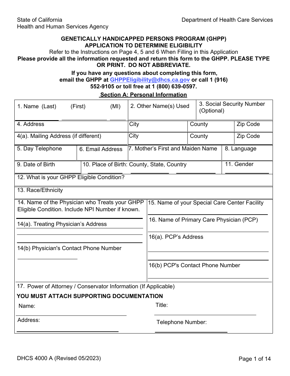 Form DHCS4000 A (DHCS4000 B) Application to Determine Eligibility and Initial / Annual Income Verification - Genetically Handicapped Persons Program (Ghpp) - California, Page 1