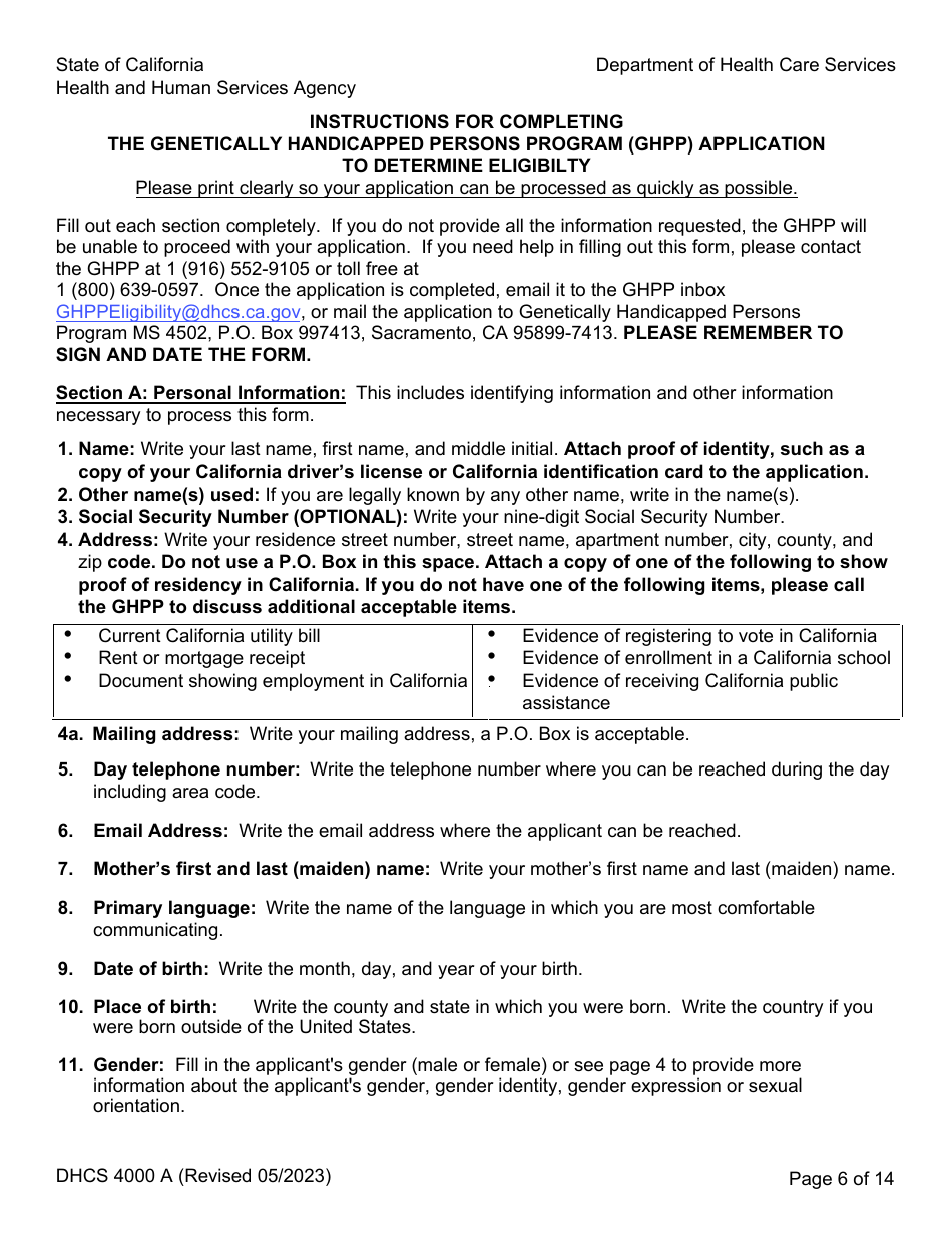 Form DHCS4000 A (DHCS4000 B) Application to Determine Eligibility and Initial / Annual Income Verification - Genetically Handicapped Persons Program (Ghpp) - California, Page 6