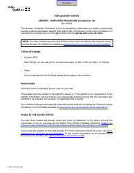 Document preview: Form SJ-1272A Answer - Simplified Procedure (Jurisdiction 22) - Quebec, Canada