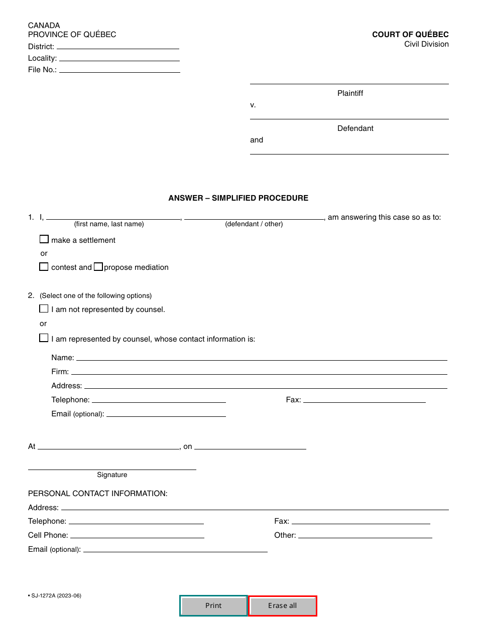 Form SJ-1272A Answer - Simplified Procedure (Jurisdiction 22) - Quebec, Canada, Page 2