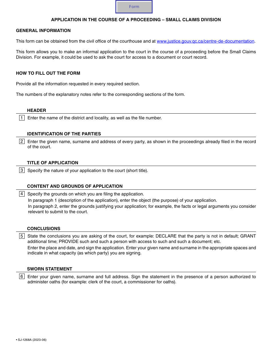 Form SJ-1268A Application in the Course of a Proceeding - Small Claims Division - Quebec, Canada, Page 2
