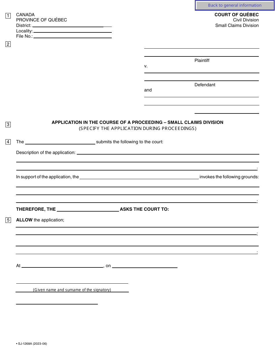Form SJ-1268A Application in the Course of a Proceeding - Small Claims Division - Quebec, Canada, Page 3