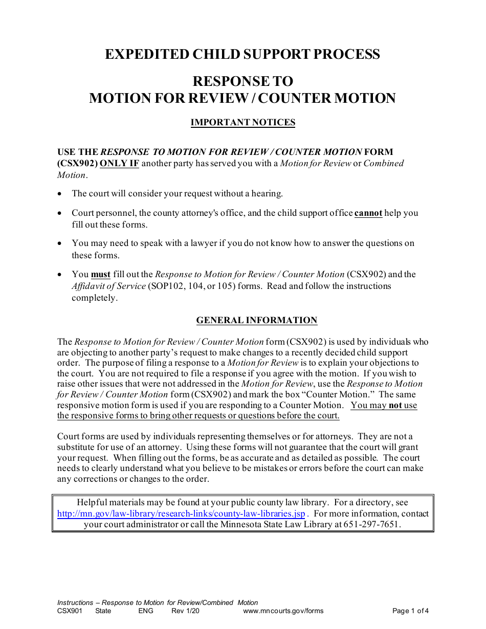 Instructions for Form CSX902 Response to Motion for Review / Counter Motion - Minnesota, Page 1