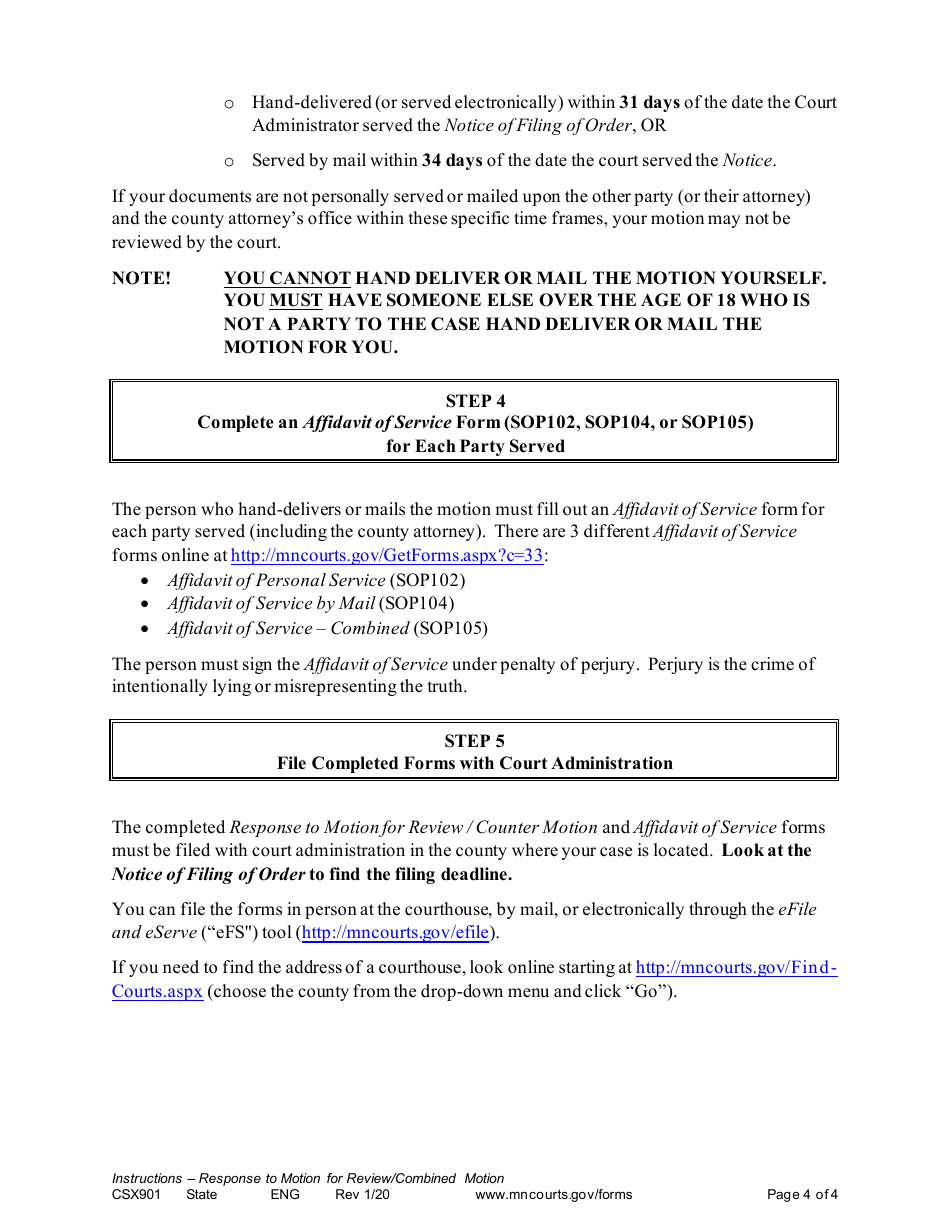 Instructions for Form CSX902 Response to Motion for Review / Counter Motion - Minnesota, Page 4