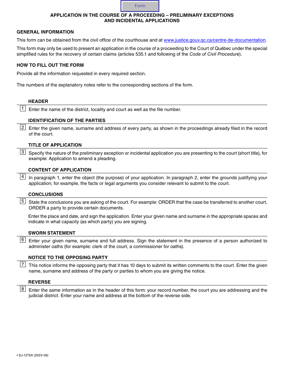Form SJ-1275A Application in the Course of a Proceeding - Preliminary Exceptions and Incidental Applications - Quebec, Canada, Page 2
