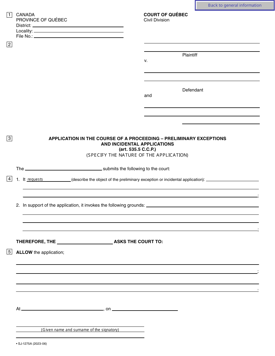 Form SJ-1275A Application in the Course of a Proceeding - Preliminary Exceptions and Incidental Applications - Quebec, Canada, Page 3