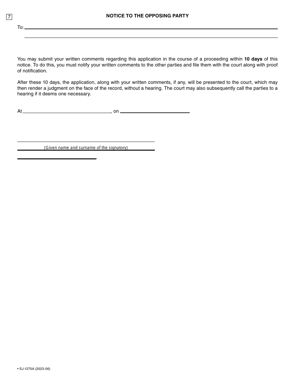 Form SJ-1275A Application in the Course of a Proceeding - Preliminary Exceptions and Incidental Applications - Quebec, Canada, Page 5