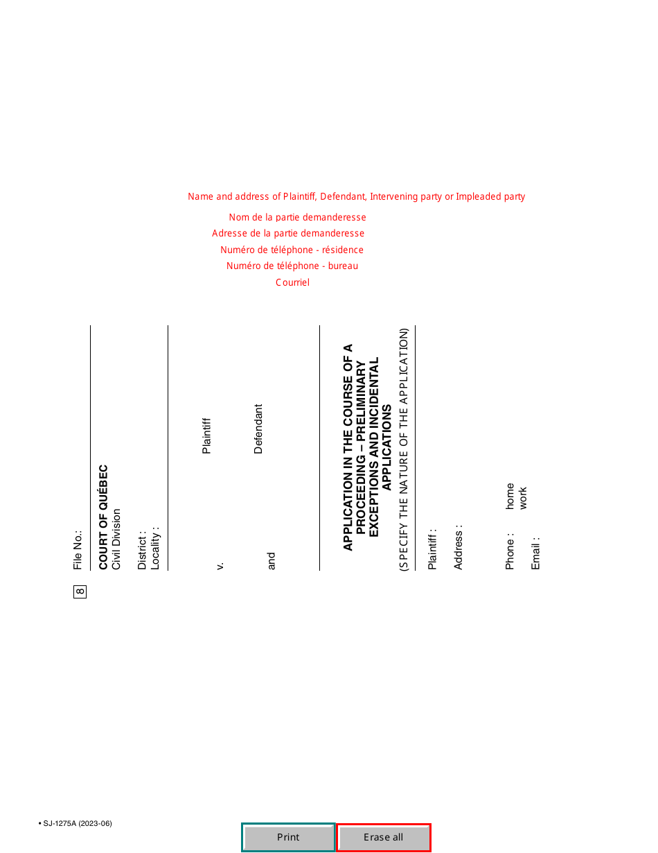 Form SJ-1275A Application in the Course of a Proceeding - Preliminary Exceptions and Incidental Applications - Quebec, Canada, Page 6