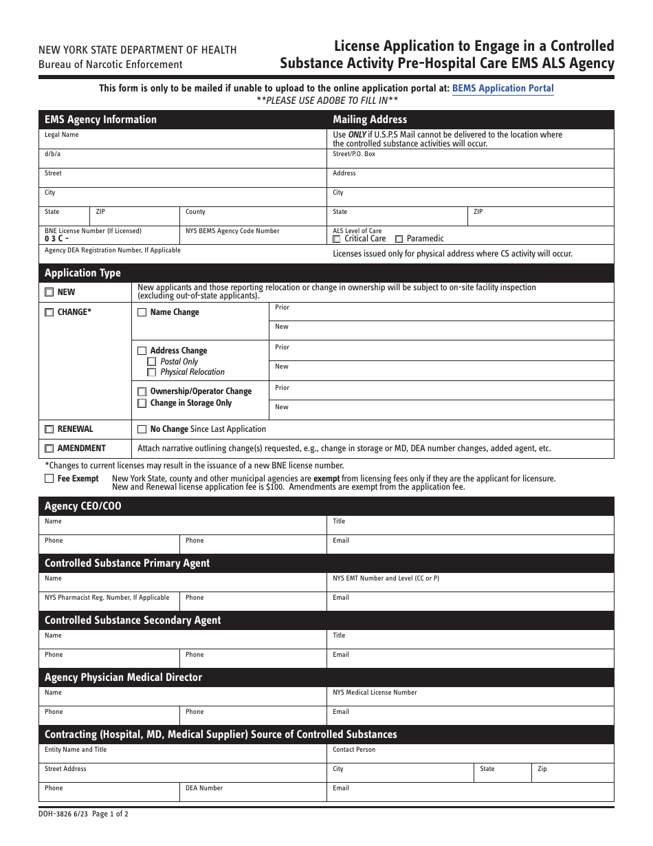 Form DOH-3826 License Application to Engage in a Controlled Substance Activity Pre-hospital Care EMS Als Agency - New York, Page 1
