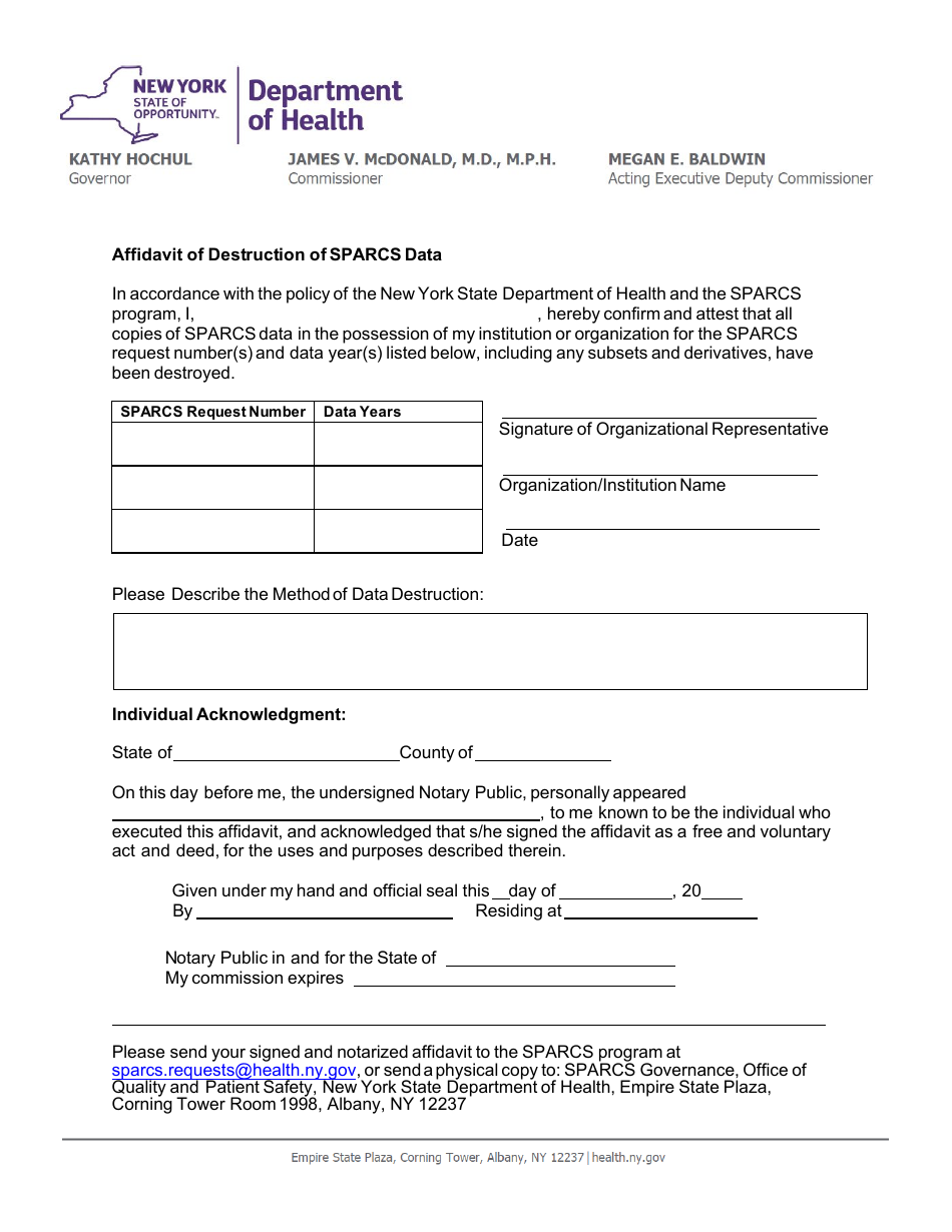 Affidavit of Destruction of Sparcs Data - New York, Page 1