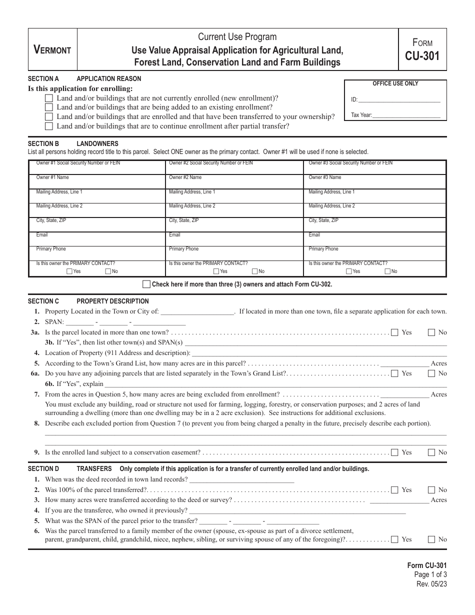 Form CU-301 Use Value Appraisal Application for Agricultural Land, Forest Land, Conservation Land and Farm - Current Use Program - Vermont, Page 1