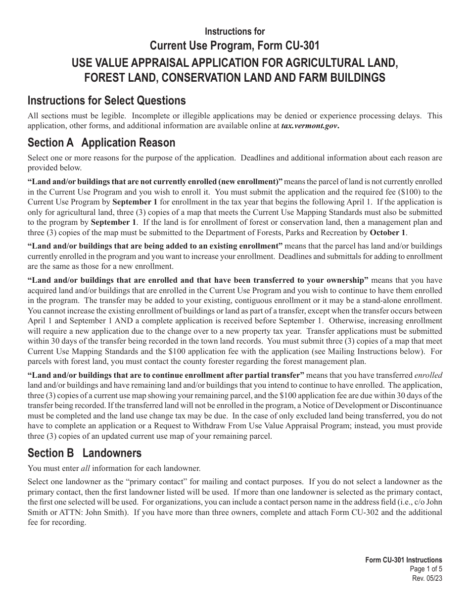 Instructions for Form CU-301 Use Value Appraisal Application for Agricultural Land, Forest Land, Conservation Land and Farm Buildings - Current Use Program - Vermont, Page 1