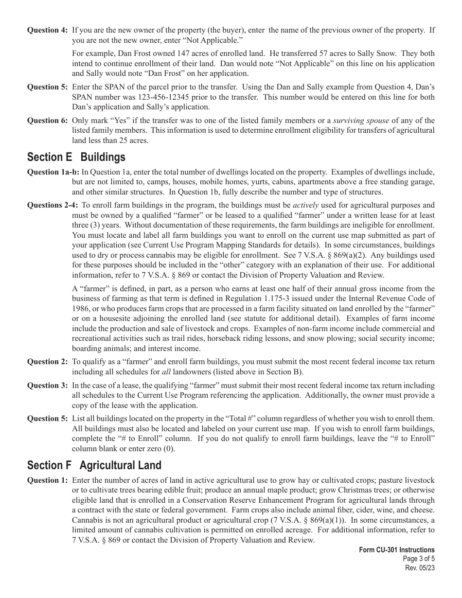 Instructions for Form CU-301 Use Value Appraisal Application for Agricultural Land, Forest Land, Conservation Land and Farm Buildings - Current Use Program - Vermont, Page 3