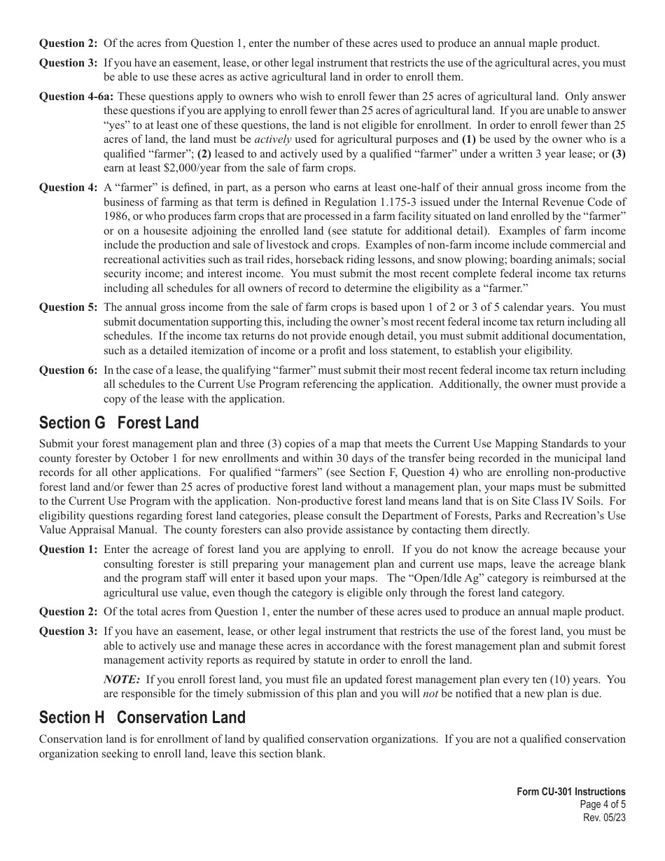 Instructions for Form CU-301 Use Value Appraisal Application for Agricultural Land, Forest Land, Conservation Land and Farm Buildings - Current Use Program - Vermont, Page 4