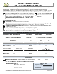 Document preview: Application DOR Certified Copy of Birth Record - Mono County, California